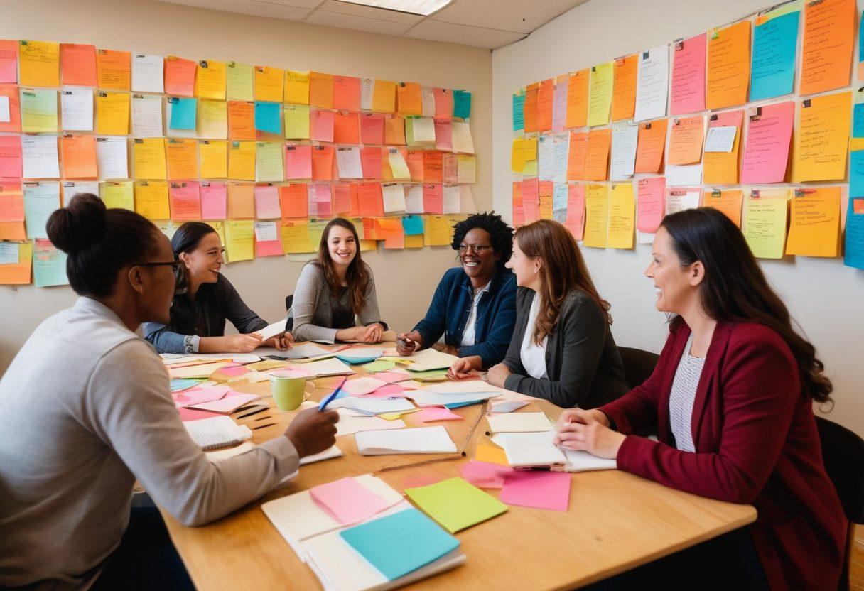 A diverse group of adults engaged in a lively discussion around a large table filled with creative materials like notebooks, laptops, and coffee cups. They are sharing ideas and brainstorming, surrounded by colorful post-it notes and vibrant artwork on the walls, symbolizing connection and collaboration. The atmosphere is warm and inviting, reflecting a community spirit. super-realistic. vibrant colors. cozy setting.