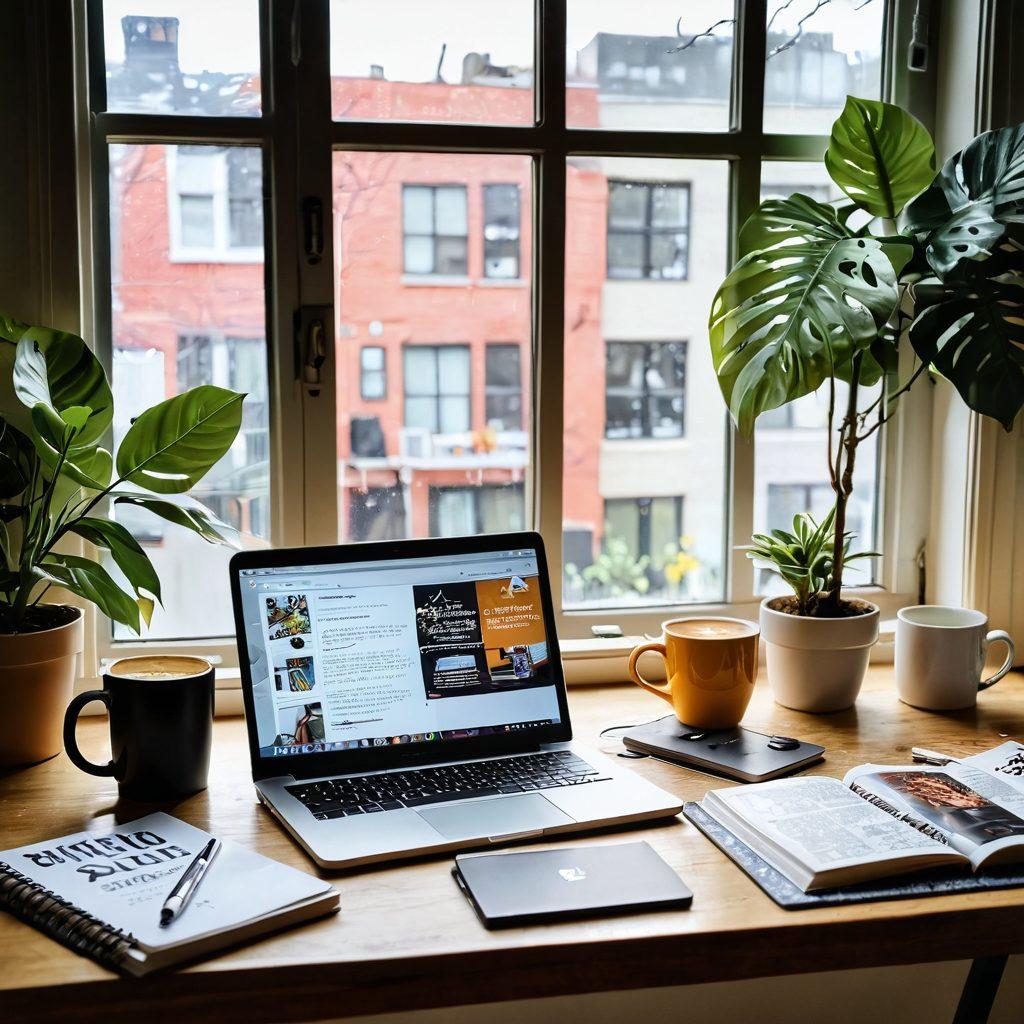 A stylish workspace featuring a laptop with an open blogging platform, surrounded by empowering books on adult blogging, a cup of coffee, and a notepad filled with creative ideas. In the background, a vision board filled with inspirational quotes and vibrant imagery representing growth and community. Soft natural light filtering through a window to create an inviting atmosphere. The scene conveys a blend of professionalism and creativity. super-realistic. vibrant colors. warm tones.