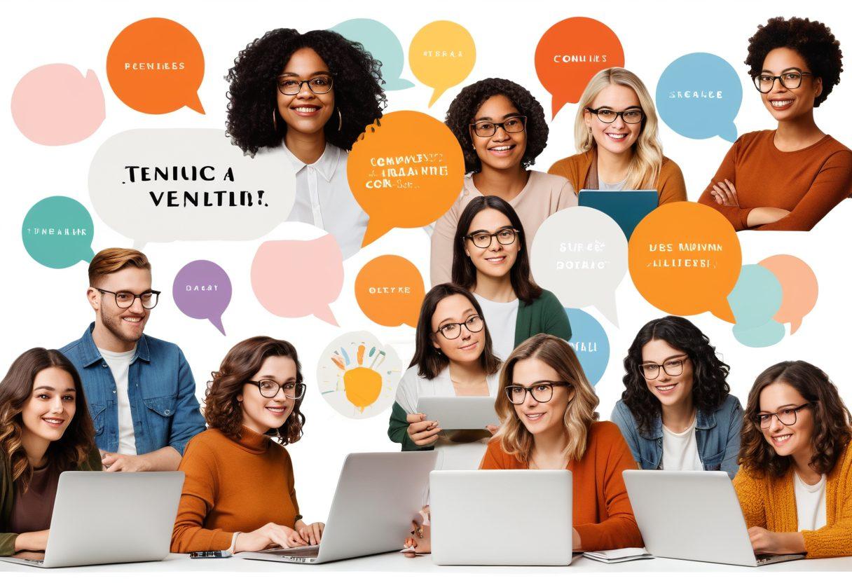 A collage of diverse adult bloggers engaged in creative processes, surrounded by laptops, journals, and artistic tools. Highlight themes of collaboration and expression with colorful speech bubbles showcasing various topics of adult content. The setting should feel vibrant and inviting, evoking a sense of community. Use warm tones to create an inclusive atmosphere. super-realistic. vibrant colors. white background.